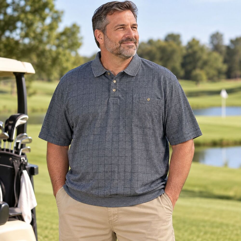 Big Tall Golf Polo Shirt Puritan 2XL Blue Gray Grid Pocket Hem Vintage Dad